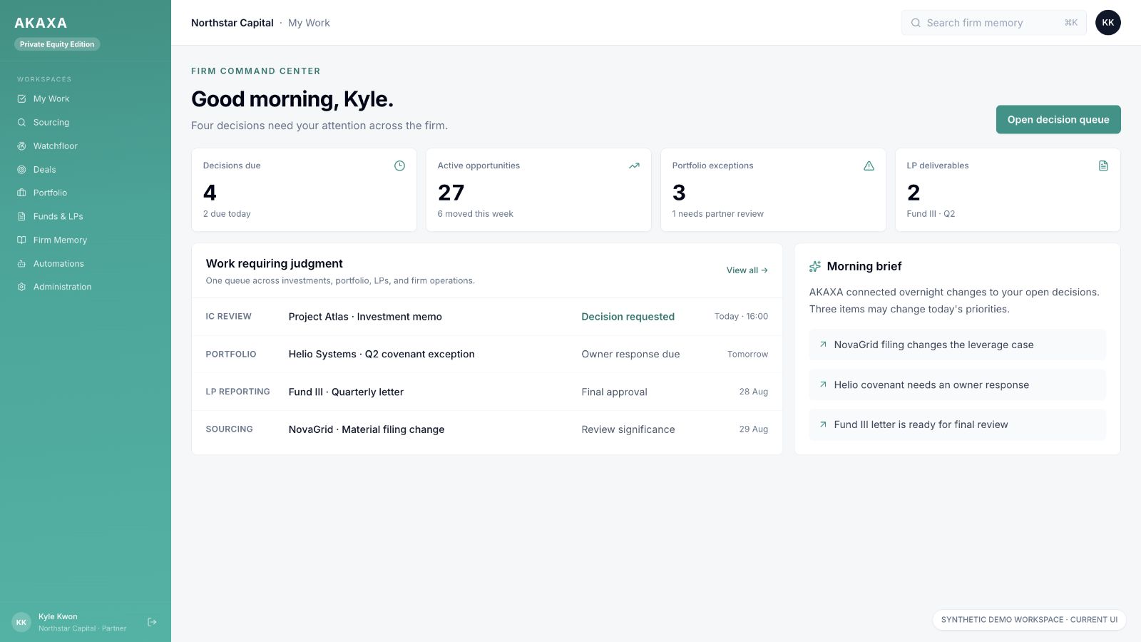 AKAXA firm command center showing the current nine-workspace navigation and a shared decision queue